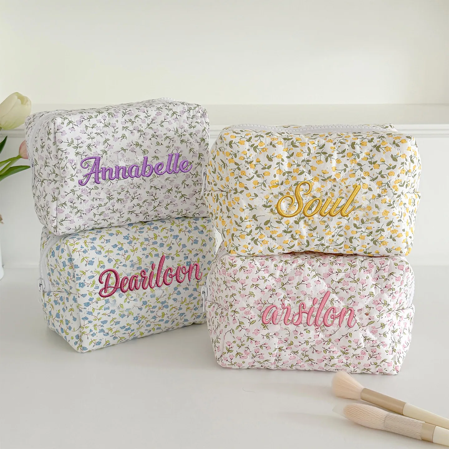 Custom Name Floral Makeup Bag Quilted Cosmetic Pouch Personalized Embroidery Toiletry Travel Organizer Gift Women Girls Cute