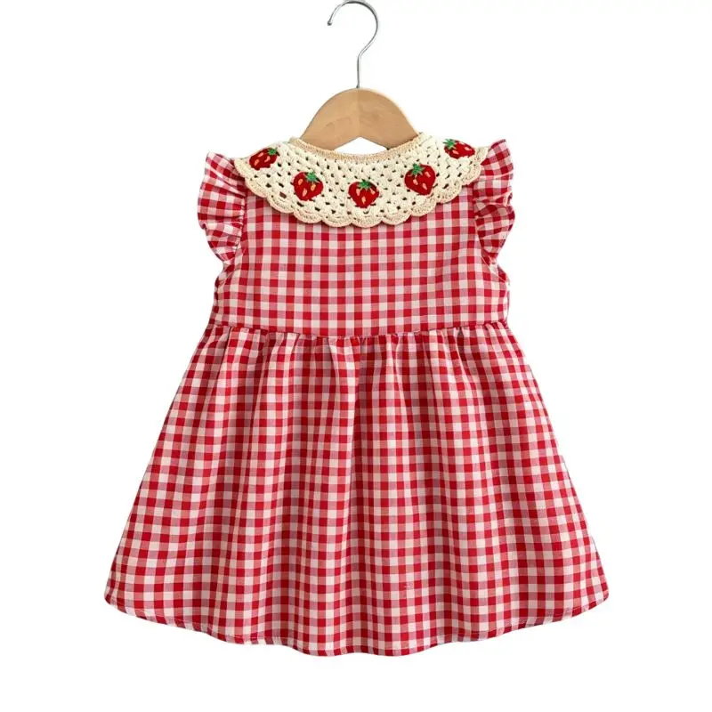 Vestido de Verano para Niña, Vestido de Algodón a Cuadros Rojos, Lindo Vestido de Playa con Solapa de Fresa para Niña