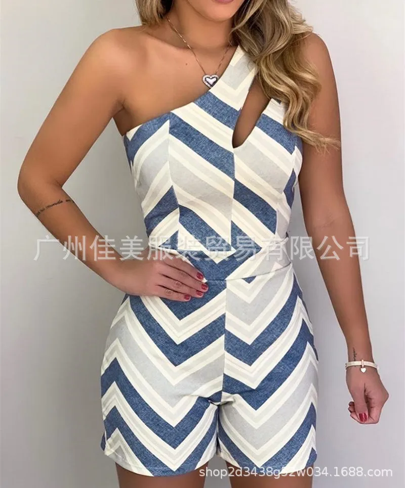 

Summer Women's Sleeveless Jumpsuit Shorts 2024 Fashionable Wave Print Single Shoulder Striped Hollow Out Casual Rompers