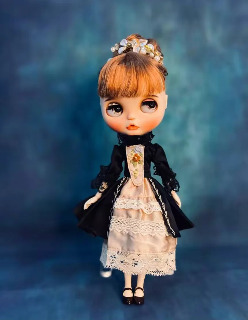 1 pezzo di abito intero in seta antico retrò Blythe/landoudou (adatto per azone, Pullip, Ob22,24,26, Licca)