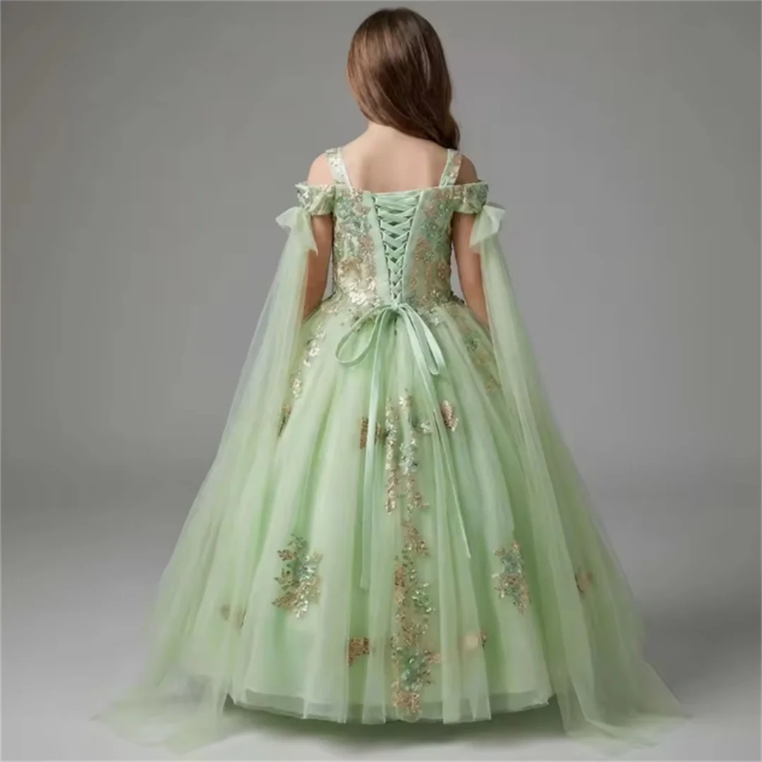 Customized Flower Girl Dress Green Tulle Gold Floral Appliques Shawl For Wedding Birthday Party Prom Banquet Princess Ball Gown
