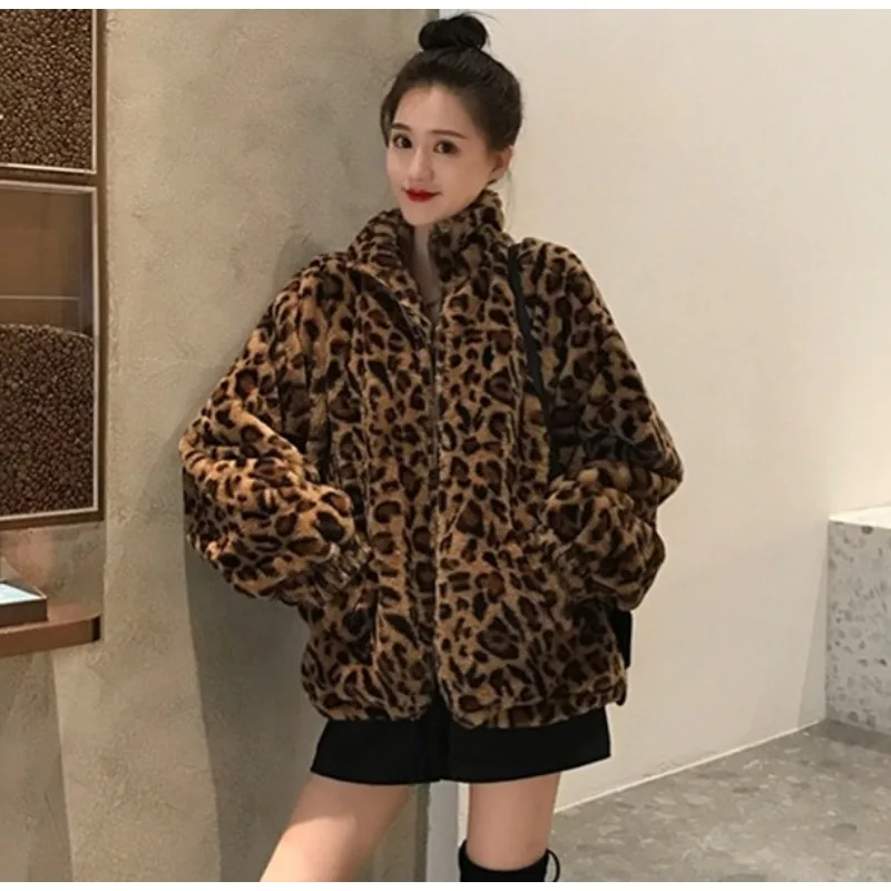 

Imitation Fur Coat for Women, Loose Oversized Fuzzy Parkas, Vintage Leopard Stand Neck, Zipper Jacket, Casual Streetwear, Winter