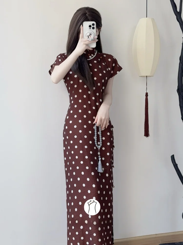 

Romantic Polka Dot Long Full Slit Traditional Flat Pattern Young Sle Retro Design Breathable ort Sve Evening...