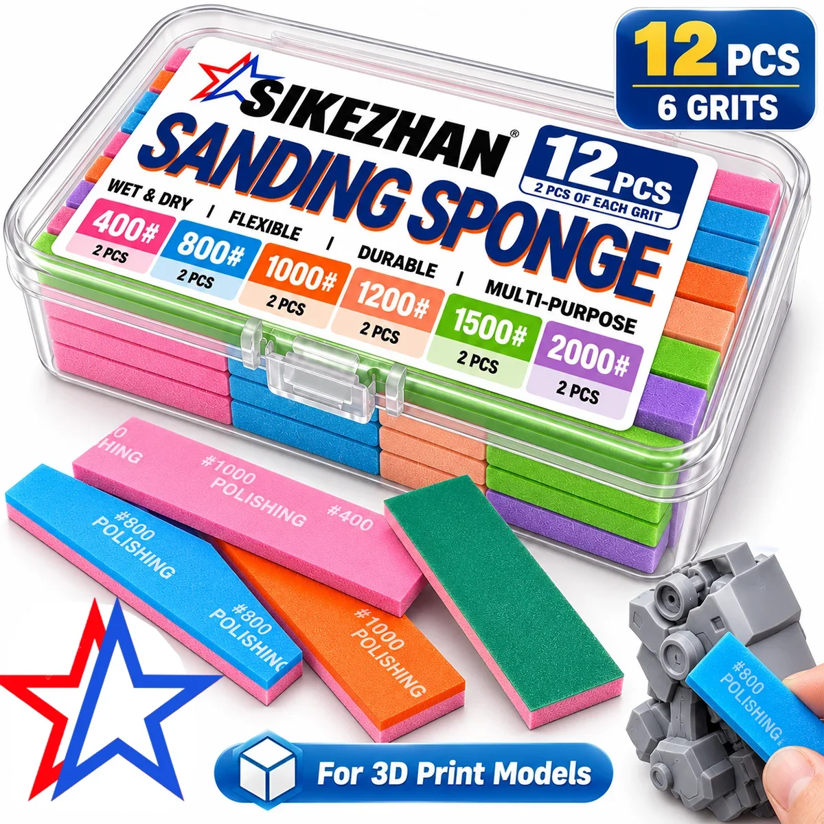 12PCS Single-Sided Sanding Sponge Pads with Storage Box, 400-2000 Grit, 6 Grits 2 Each for Gundam Models & 3D Prints