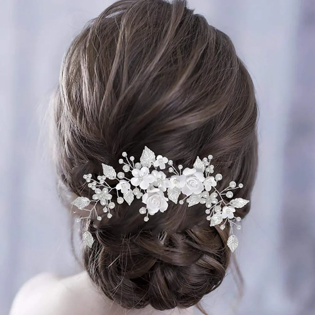 

2Pcs Flower Silver Wedding Hair Pieces Bridal Hair Accessories Elegant Fake Pearl Vine Headpiece for Bride Prom Formal Events