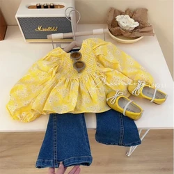 Conjunto infantil de roupas amarelo manga bolha, blusa fragmentada, camisa e jeans, conjunto de 2 peças, primavera e outono, 2023