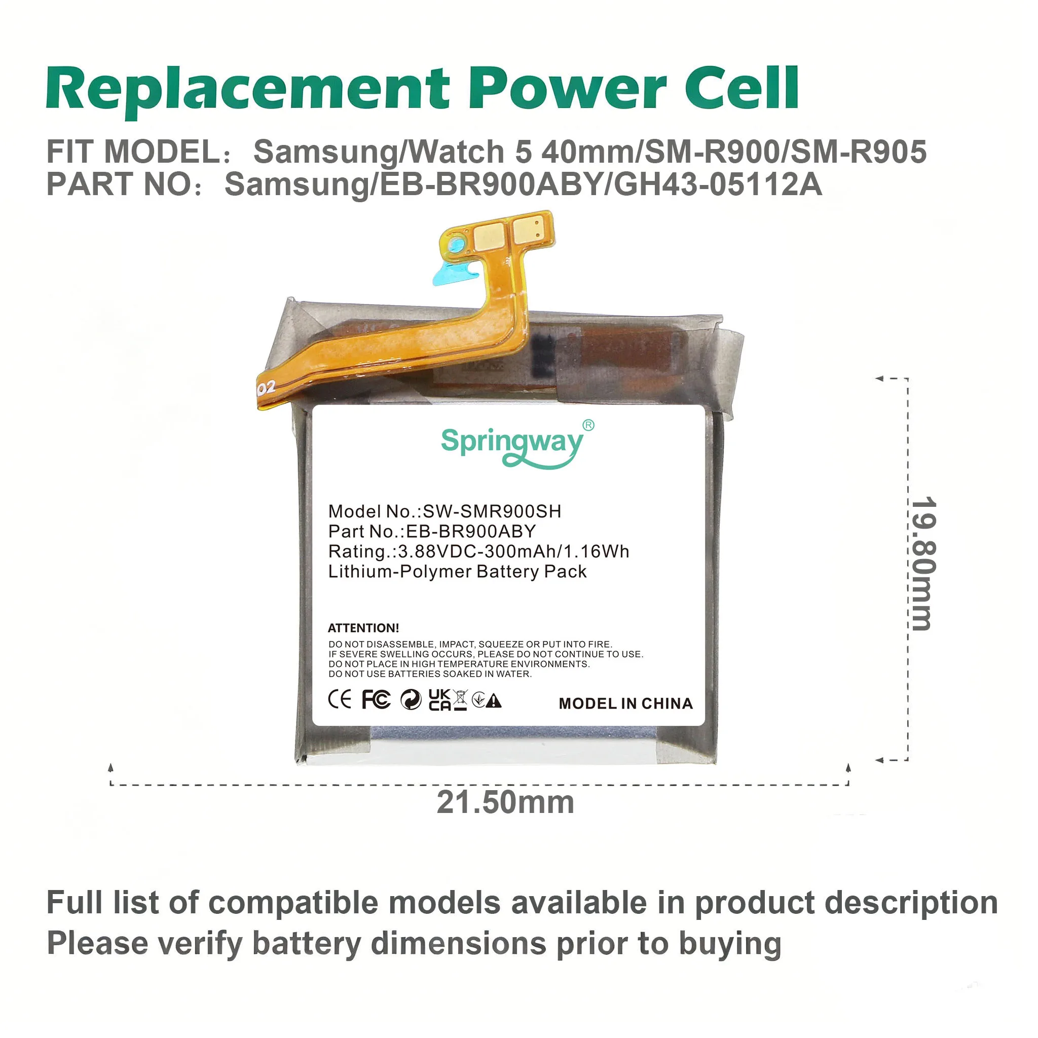 3.88V 300mAh Watch Battery SW-SMR900SH For Watch5 40mm SM-R900 SM-R905 EB-BR900ABY GH43-05112A Li-Po Cell