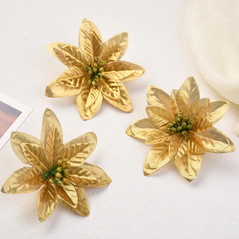 

4Colors 13cm Artificial fake silk flower heads red gold silver christmas poinsettia for diy xmas flower bouquet wall decoration