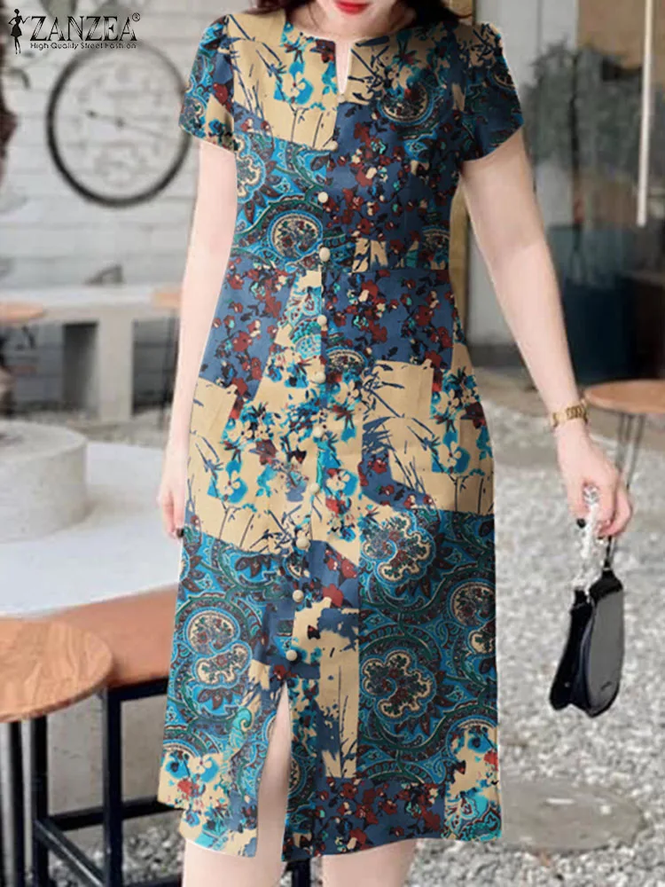 ZANZEA Women Cotton Midi Dress Fashion Floral Printed Vestidos Korean Vintage Short Sleeve Robe Holiday Oversized Slit Sundress