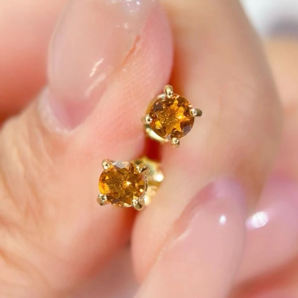 Small Crystal 925 Silver Stud Earrings Natural Citirine Earrings with Certificate 4mm 0.6ct Genuine Citrine Jewelry