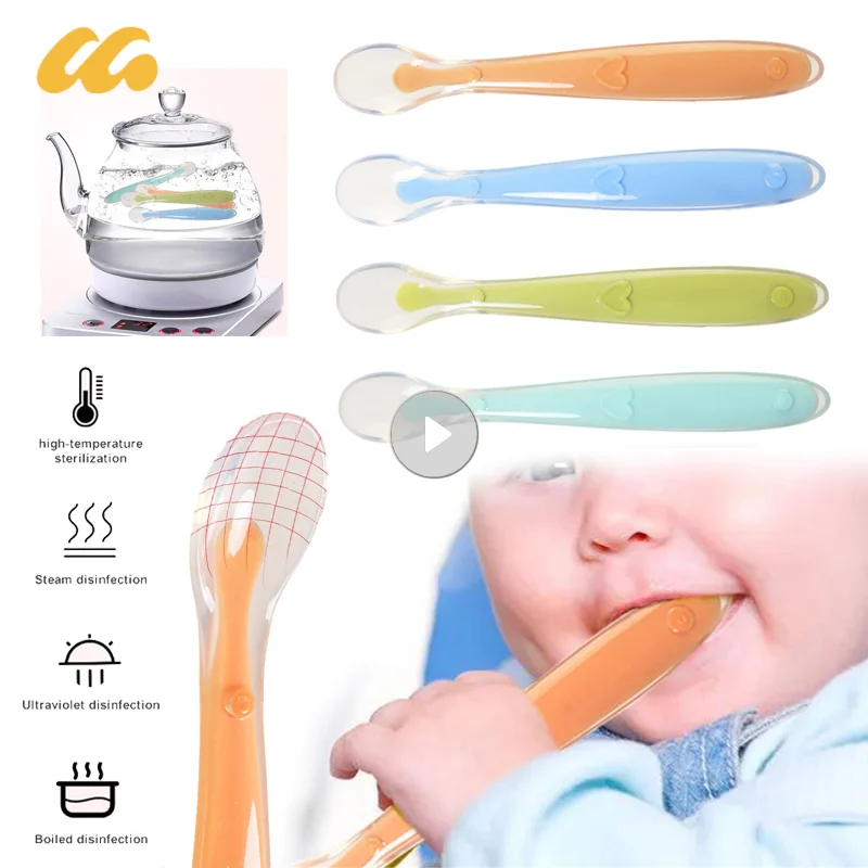 Soft Silicone Baby Feeding Spoon Candy Color Temperature Sensing Spoon Children Food Baby Spoons Feeding Dishes Feeder Flatware