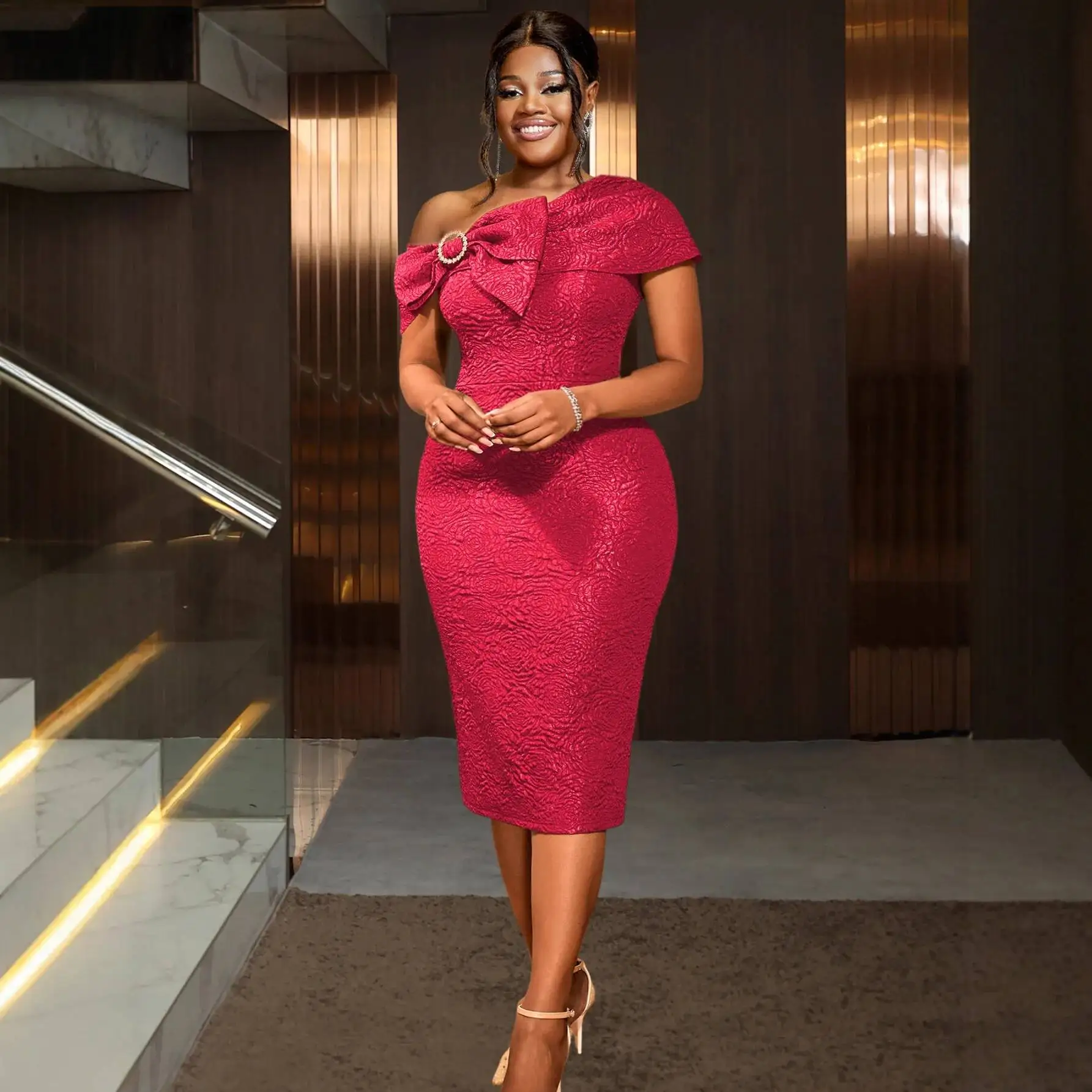 Off-shoulder Plus-size Jacquard Women's Dress With Bow Waist Cinching And Bodycon Midi Skirt, Elegant Party Gown Casual Y2K view 4
