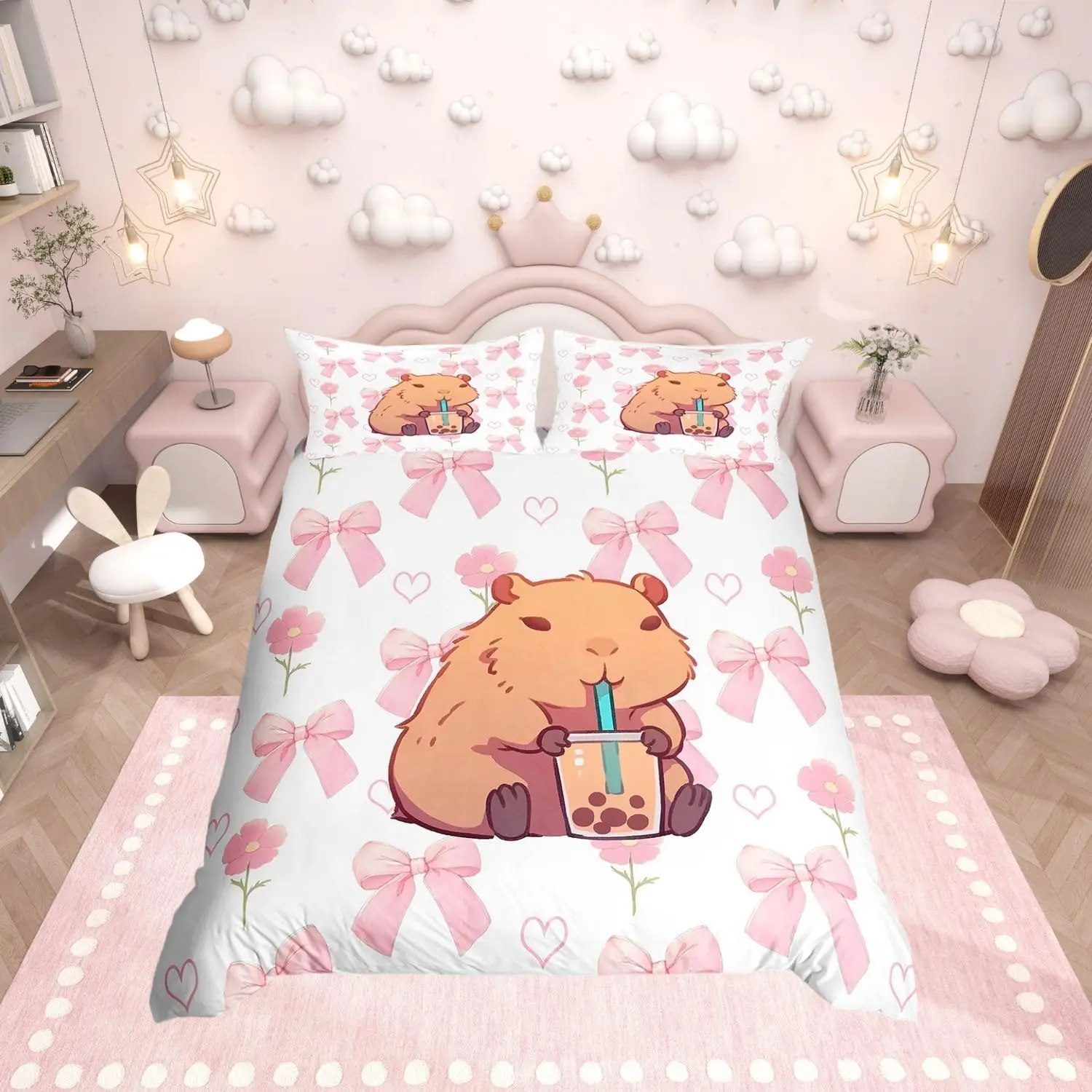 Pink Bow Cute Capybara Duvet Cover Set Single Size Kawaii Bedding Set With 1 Pillowcase For Kids Girls Room Decor