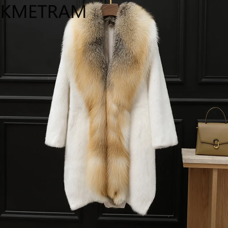 100% Mink Fur Jacket Woman Mid Length White Real Fur Coat Winter Women Clothing Furry Jackets 2025 Fox Fur Collar шуба женская