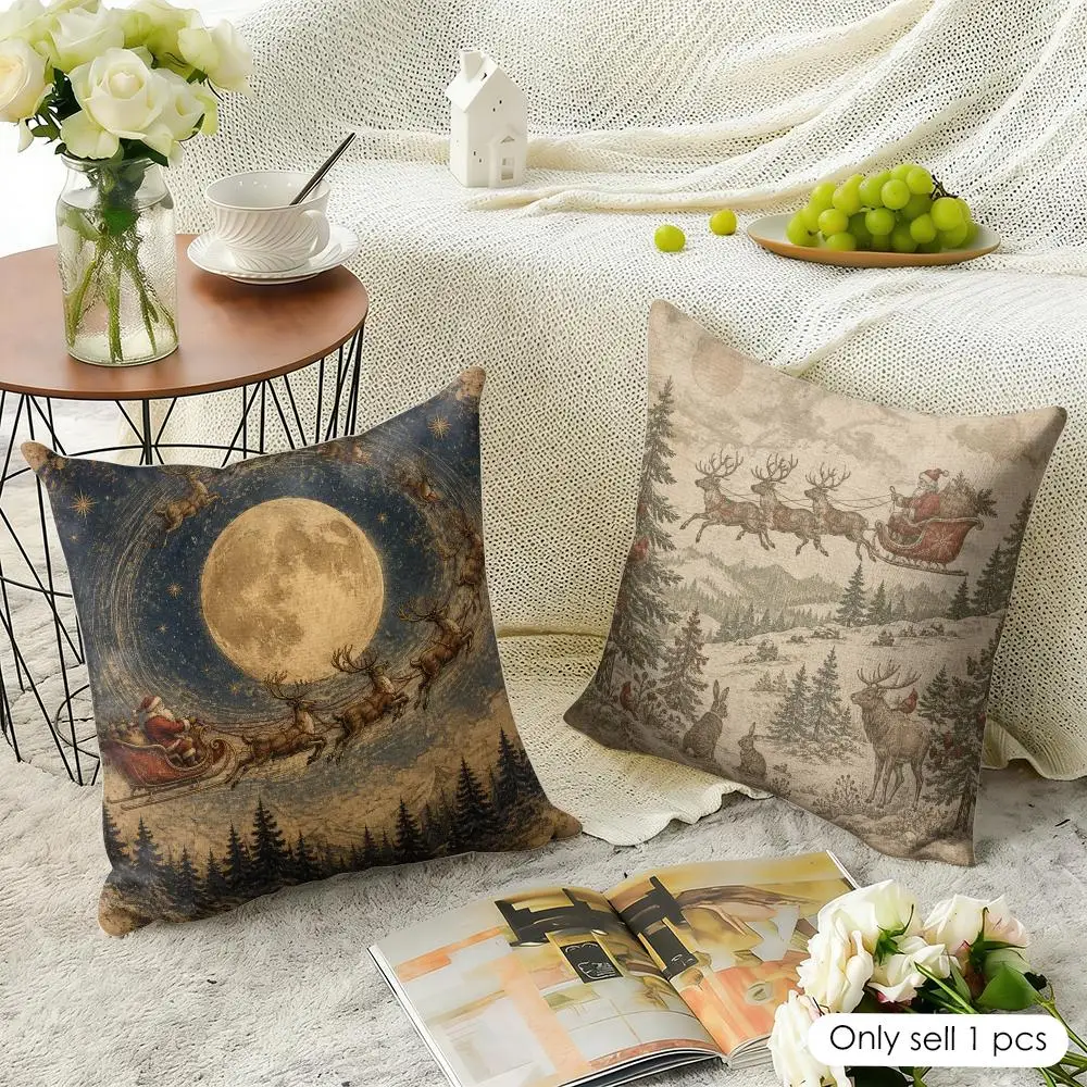 Vintage Reindeer Sleigh Cushion Cover Linen Throw Soft Decorative  for Bed Sofa Car Home Decor Pillowcase 45x45cm