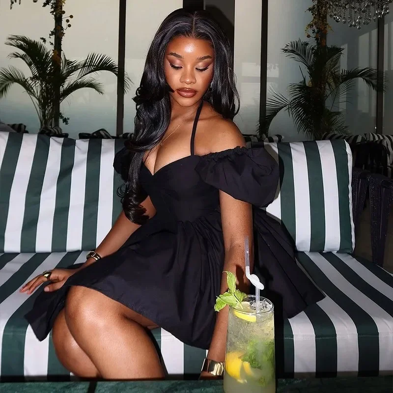 Women's Lace-up Halter V-Neck Sleeveless Waistband Pleated Mini Dress, Solid Color