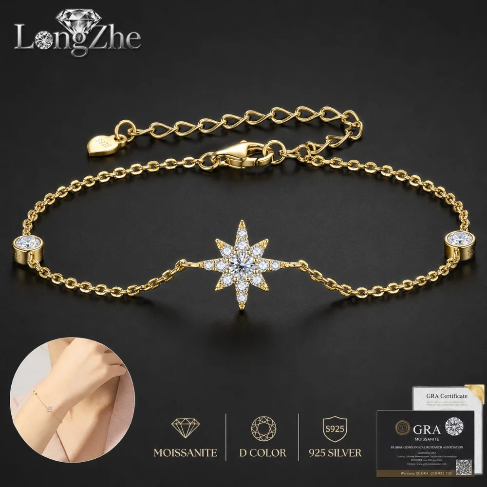 Moissanite Star Bracelet for Women 0.452CT Eight Point Star S925 Sterling Silver Adjustable Chain Anniversary Gift Jewelry