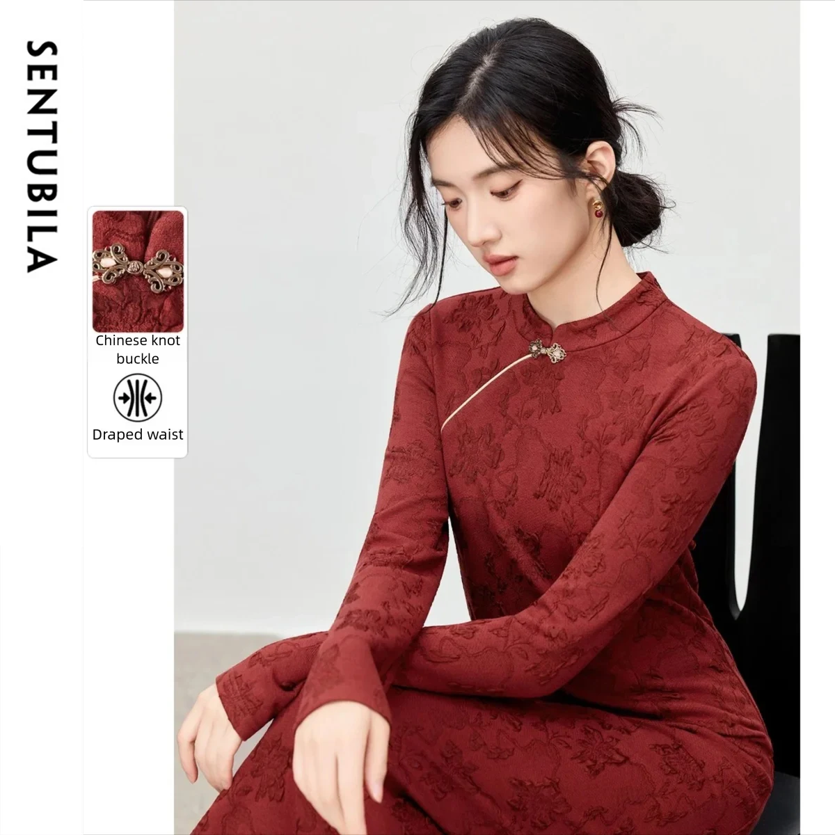 

SENTUBILA Women's Elegant Dress 2025 Autumn Solid Stand Collar Jacquard Dresses Chinese Style Slim Long Dress Female Q53LI3941