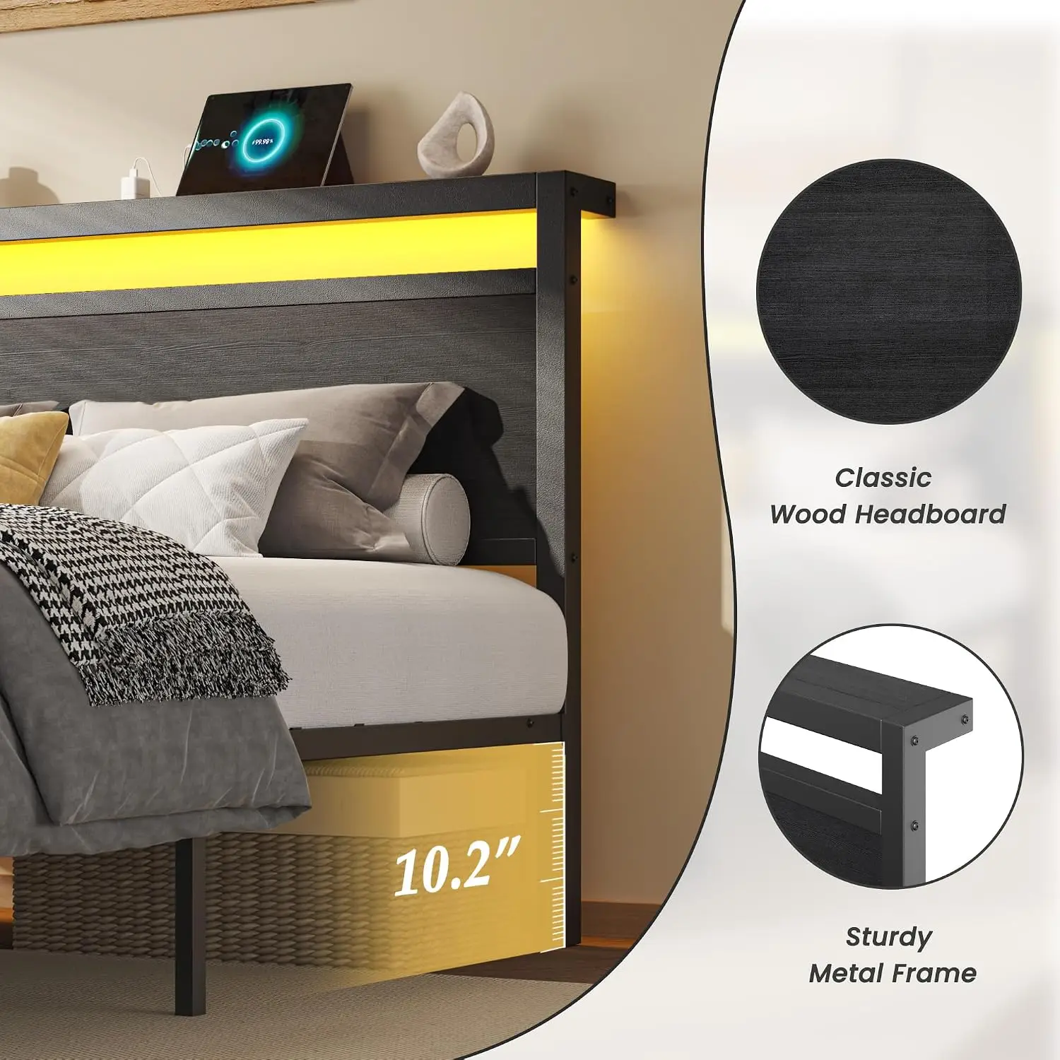 Queen Bed Frame Storage Headboard Charging Station LED Lights Platform Fabric Drawers No Box Spring Black, Customized