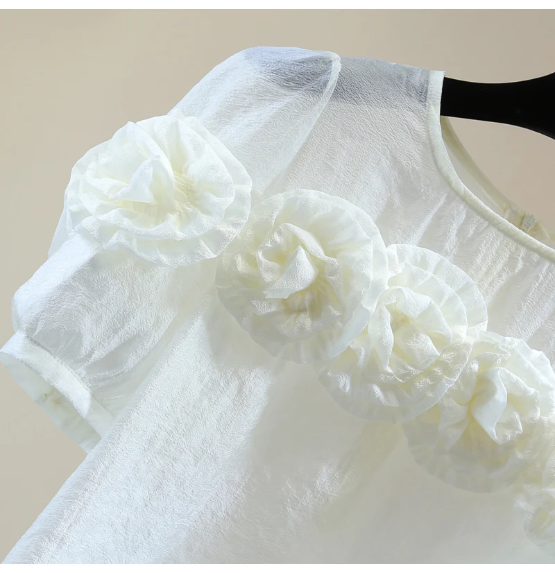 Blusa flor tripulação pescoço manga curta chiffon camisa feminina 2025 verão brilhante zíper atrás pulôver blusas damasco topo