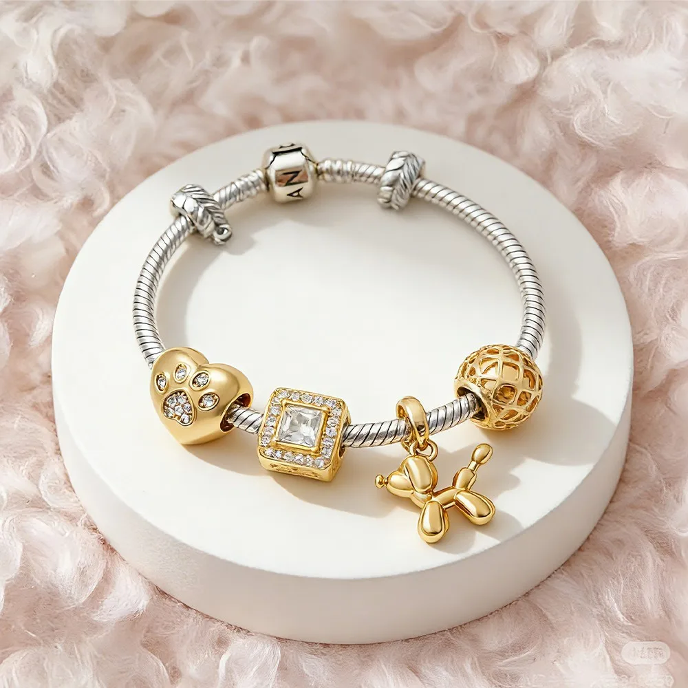 DIY Golden Pet Paw Print Heart-Shaped Sparkling Accessory Pendant Charm Bead Fit Multiple Types Snake Bone Bracelet Jewelry Gift