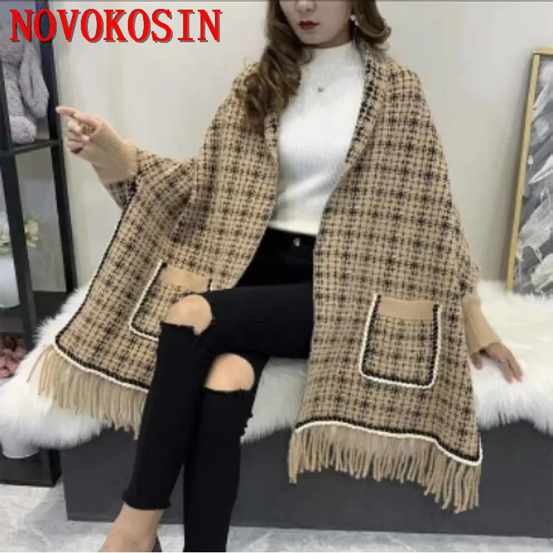 Women Cloak Batwing Sleeve Pocket Coat Tassel Shawl Oversize Outwear Faux Mink Velvet Winter Knitted Houndstooth Poncho Capes