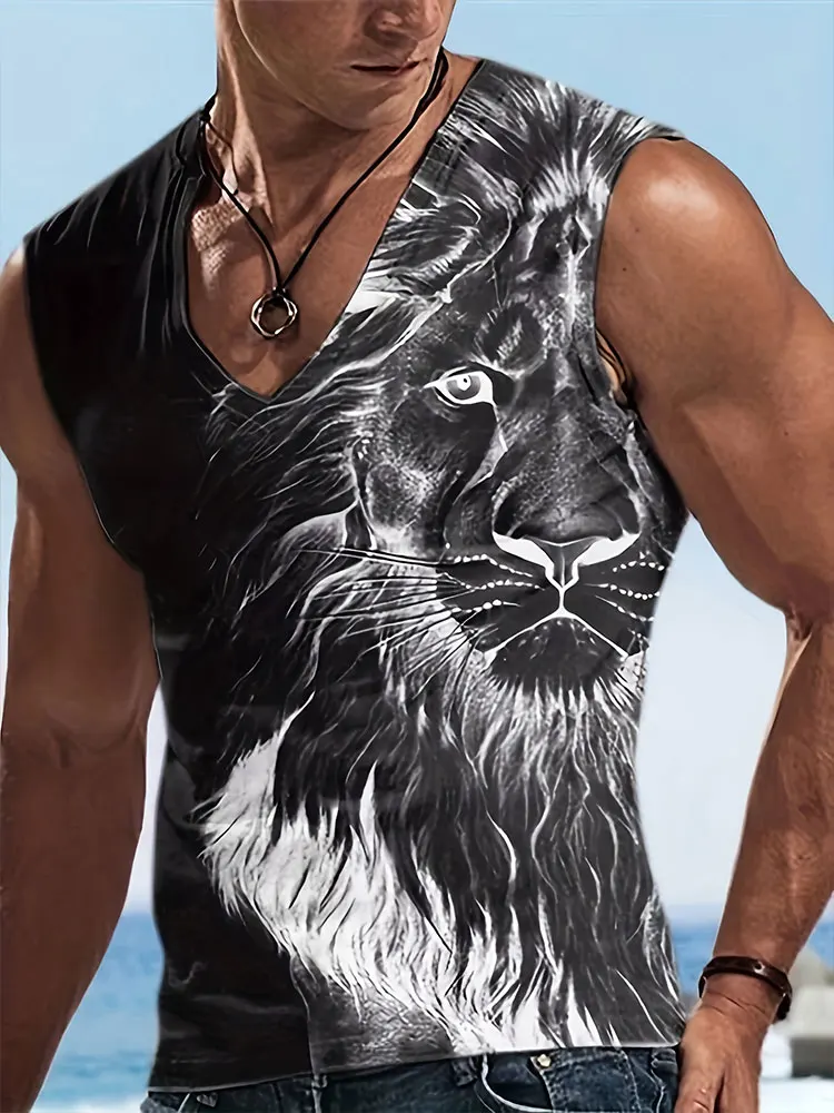 Lion Print Men's V-neck Tank Top 2024 Summer Everyday Street Men's Fashion Tank Top Outdoor Beach Casual Men's Sleeveless T-shir