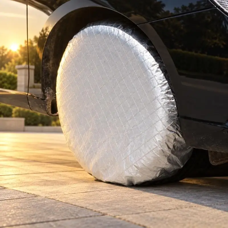 J0MA Motorhome and Trailer Tire Cover Set, 4 Silver Quilted Covers with Black Trim and Fastening Ties for Outdoor Vehicle