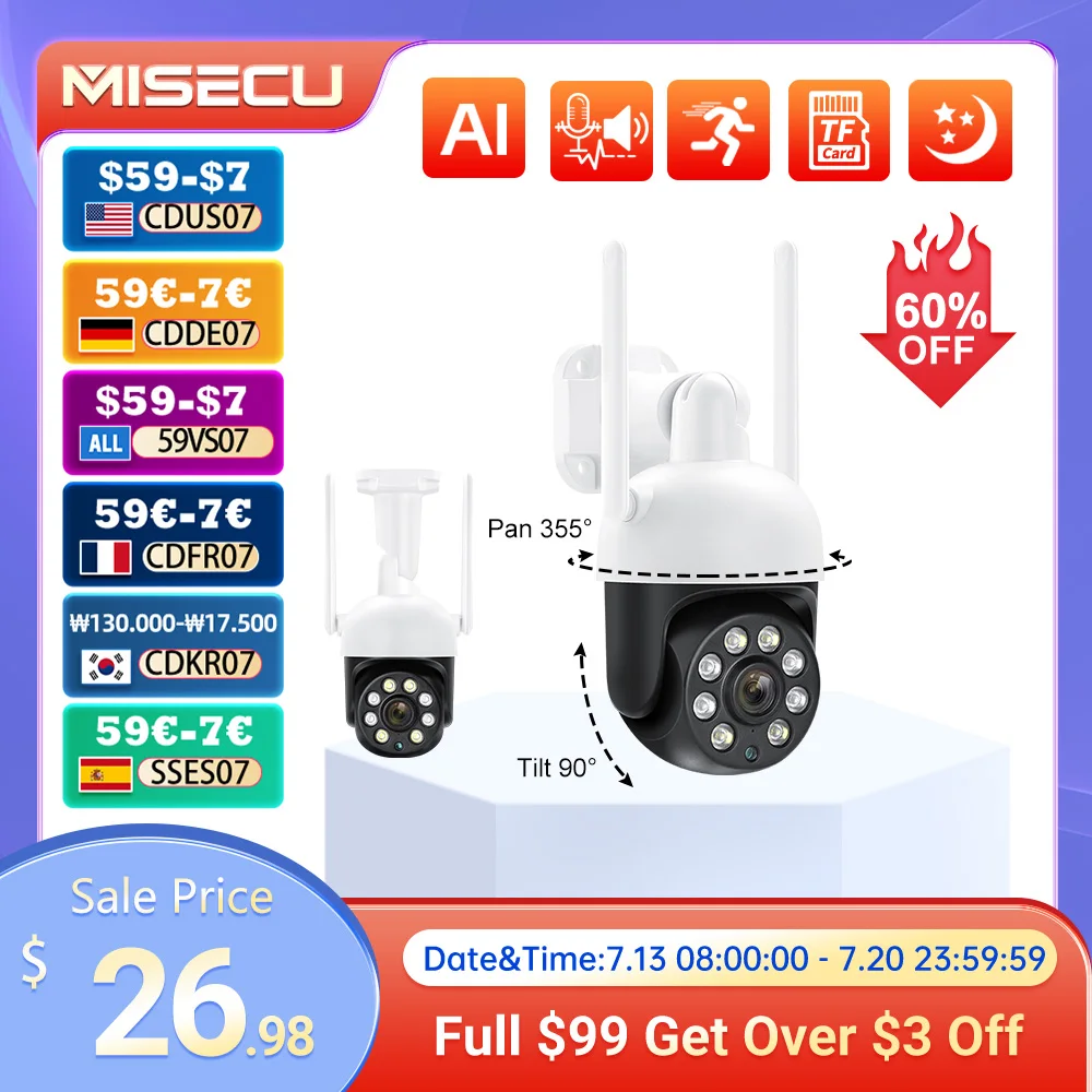 MISECU 3MP WIfi Camera Outdoor Security IP Camera  Auto Tracking Wireless Camera H.265 P2P Home CCTV Surveillance Camera