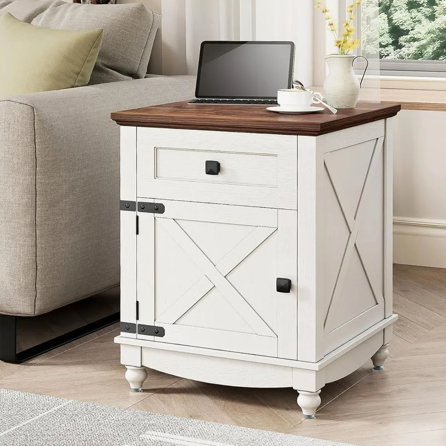 引き出しと収納キャビネット付きファームハウスエンドテーブル 18インチ ホワイトナイトスタンド ドア付きベッドサイドエンドテーブル 調節可能な棚付き
