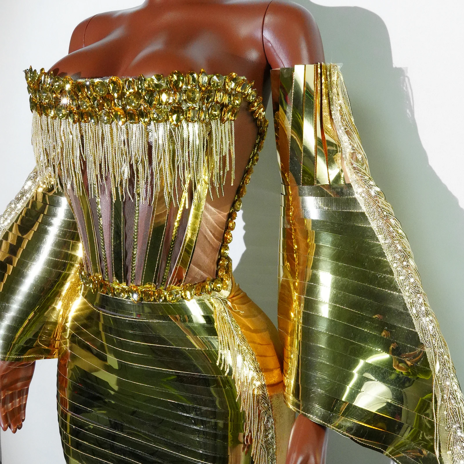 New Sexy Gold Net Set And Rhinestone Transparent Tassel Gloves For Party Dance Singer Stage Birthday And Nightclub Costume