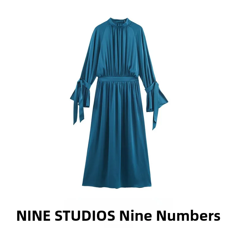 NINE ZAR Women's Long Sve Satin Feel Midi Dr Belted Sve Tie Gown A-Line Skirt Sle Ci Commute Suitable