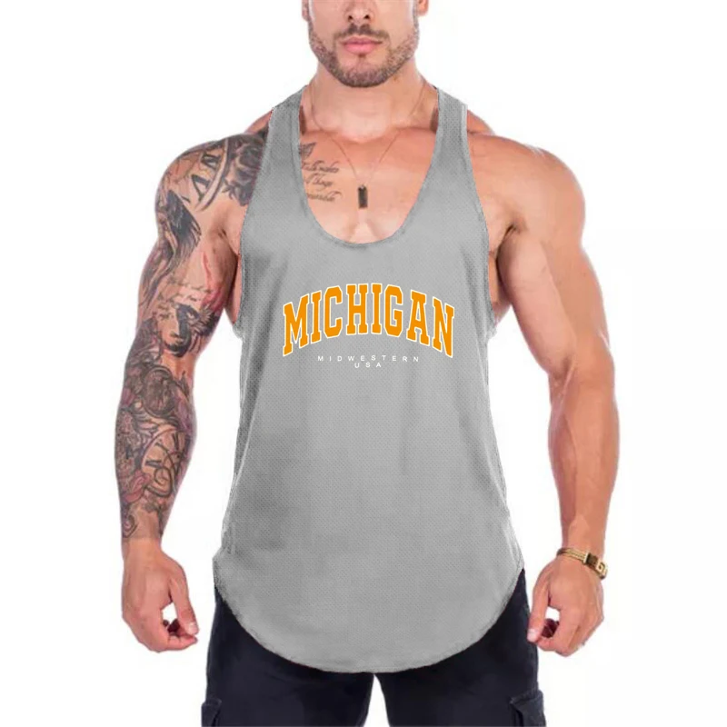 Bodybuilding Sport Tank Tops dos homens, malha sem mangas, secagem rápida, Y camisa traseira, correndo coletes, ginásio Fitness coletes, Running camisa, North Midwestern, EUA