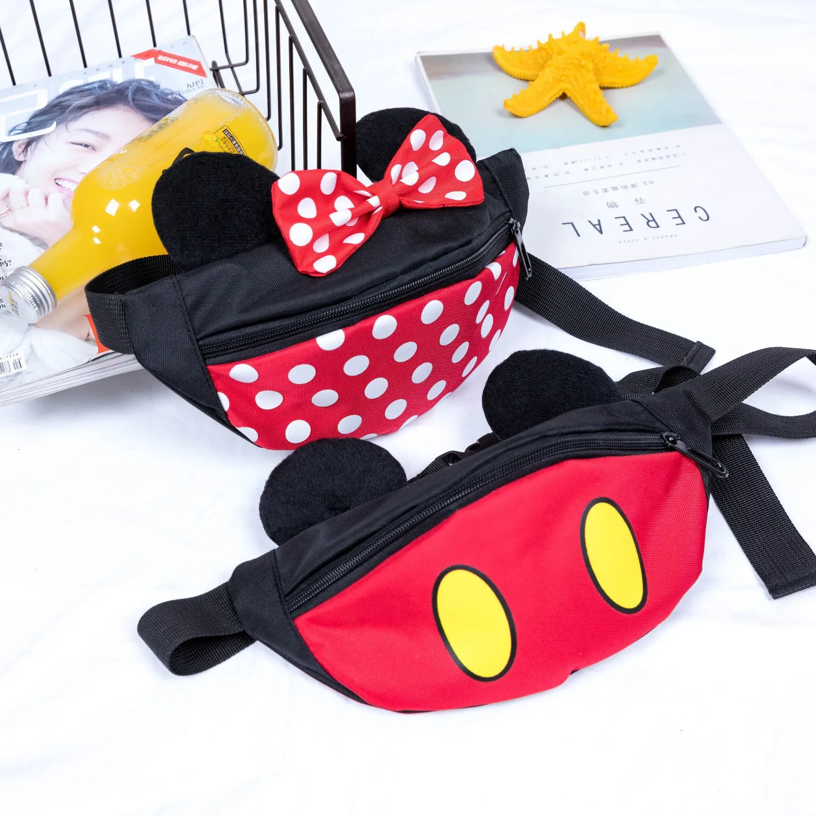 Disney Mickey Minnie Mouse Waist Bag Children\'s Mini Pink Canvas Shoulder Bag Plastic Avatar Cute Crossbody Small Waist Bag