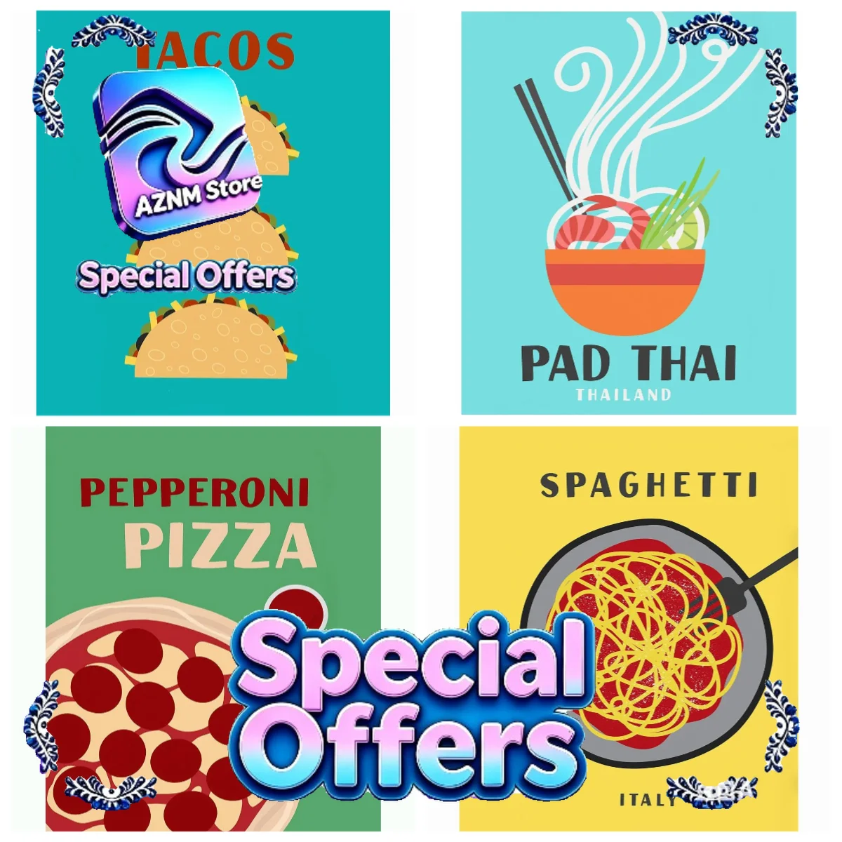 Póster Artístico Minimalista de Moda Pop Art con Diseño Divertido de Comida: Pizza, Taco, Fideos Lamian, Impresión en Lienzo, Decoración de Pared para Restaurante y Cocina