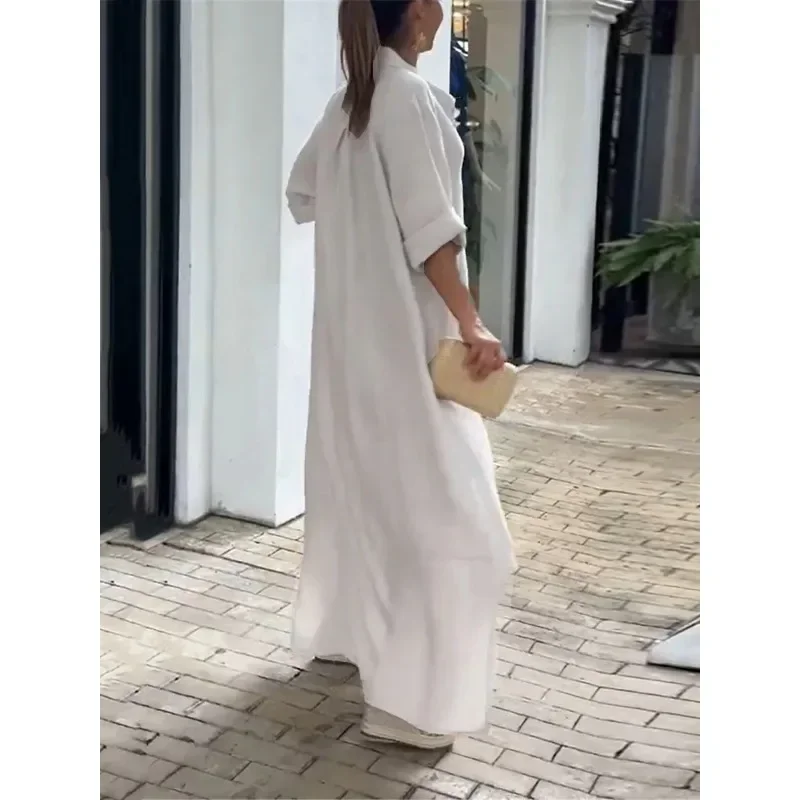 Spring/Summer Women\'s Oversized Loose Cotton Dress Solid Color Lapel Short Sleeved Casual Dress Button Slit Loose Long Dress