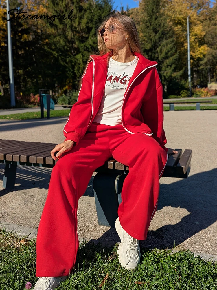 Women's Oversized Sports Suit Red Autumn 2026 Blue Tracksuit 2 Pieces Side Stripe Zip Up Sweatshirts Cotton Women Sweatsuits