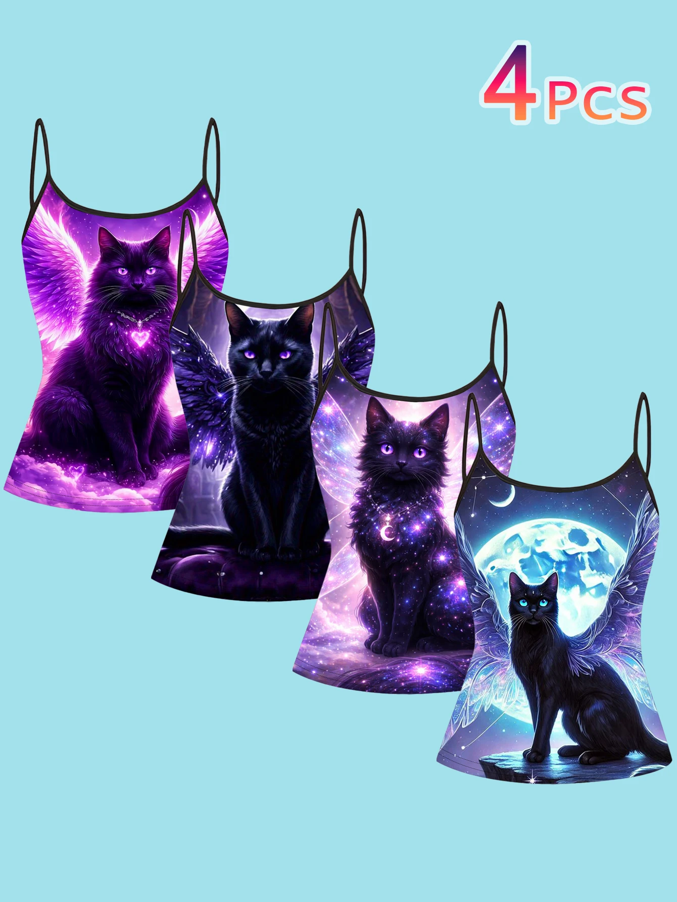 4-Piece Set of Women's Dreamy Starry Sky Wings Black Cat Print Spaghetti Strap Camisole Slim Fit Inner Layering Top