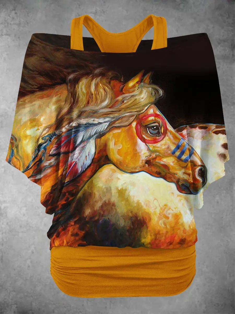 PLstar Cosmos 3D Printed Indigenous Style Horse Pattern Faux Two-Piece Top, Women's Casual T-Shirt, Harajuku Street Style-2