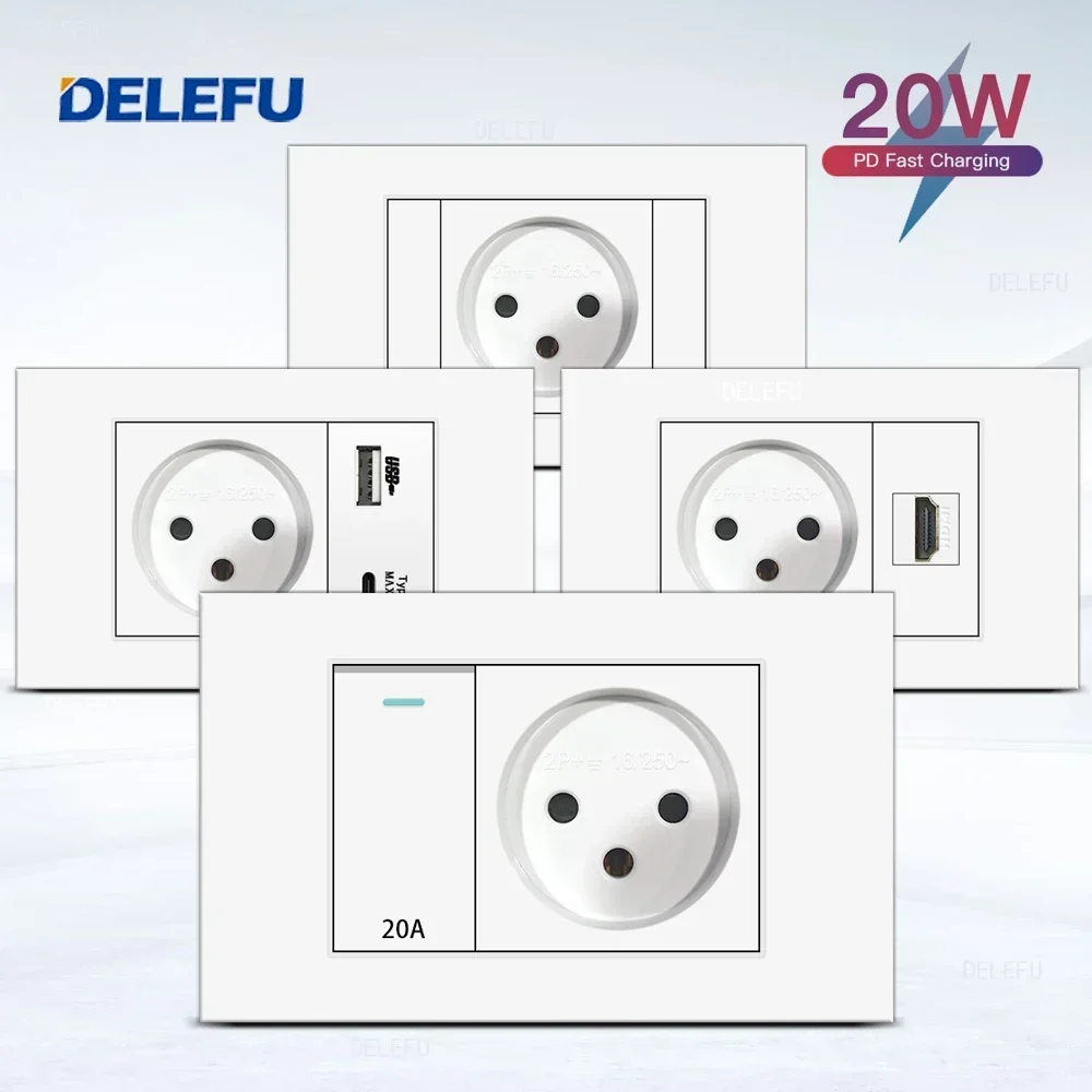 DELEFU Fire Retardant SC31 Panel White Israel Standard USB Type C Fast Charging Wall Socket Switch Satellite TV Phone CAT5 CAT6
