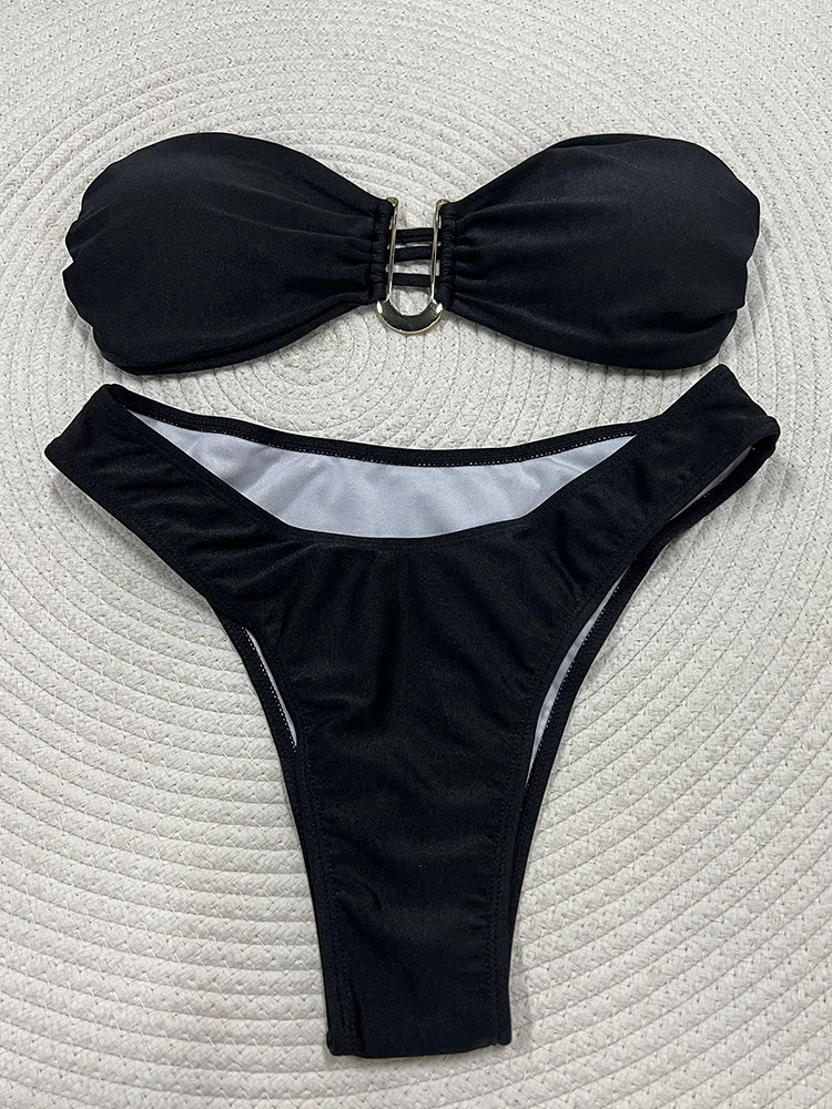 Maillot de bain deux pièces à col en U pour femmes, ensemble bikini marron, couleur unie, amissié, vêtements de plage