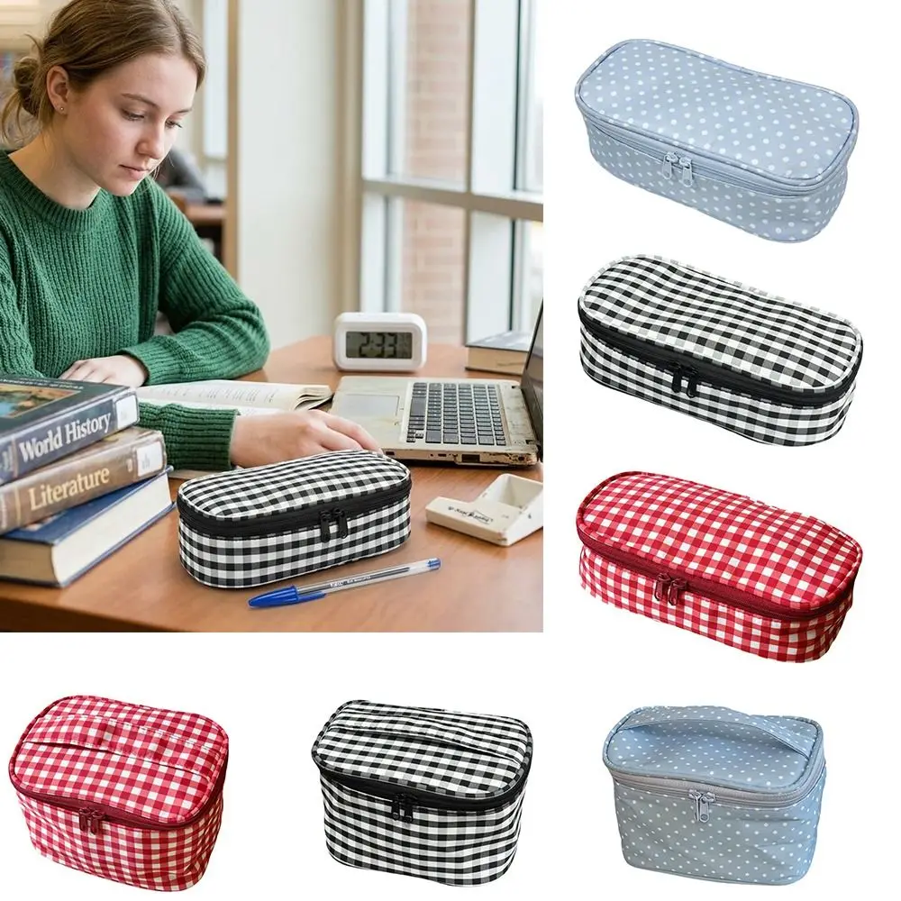 Multifunctional Plaid/Polka Dot Patterns Storage Bag Portable Large Capacity Pencil Case Double Zipper Pencil Pouch
