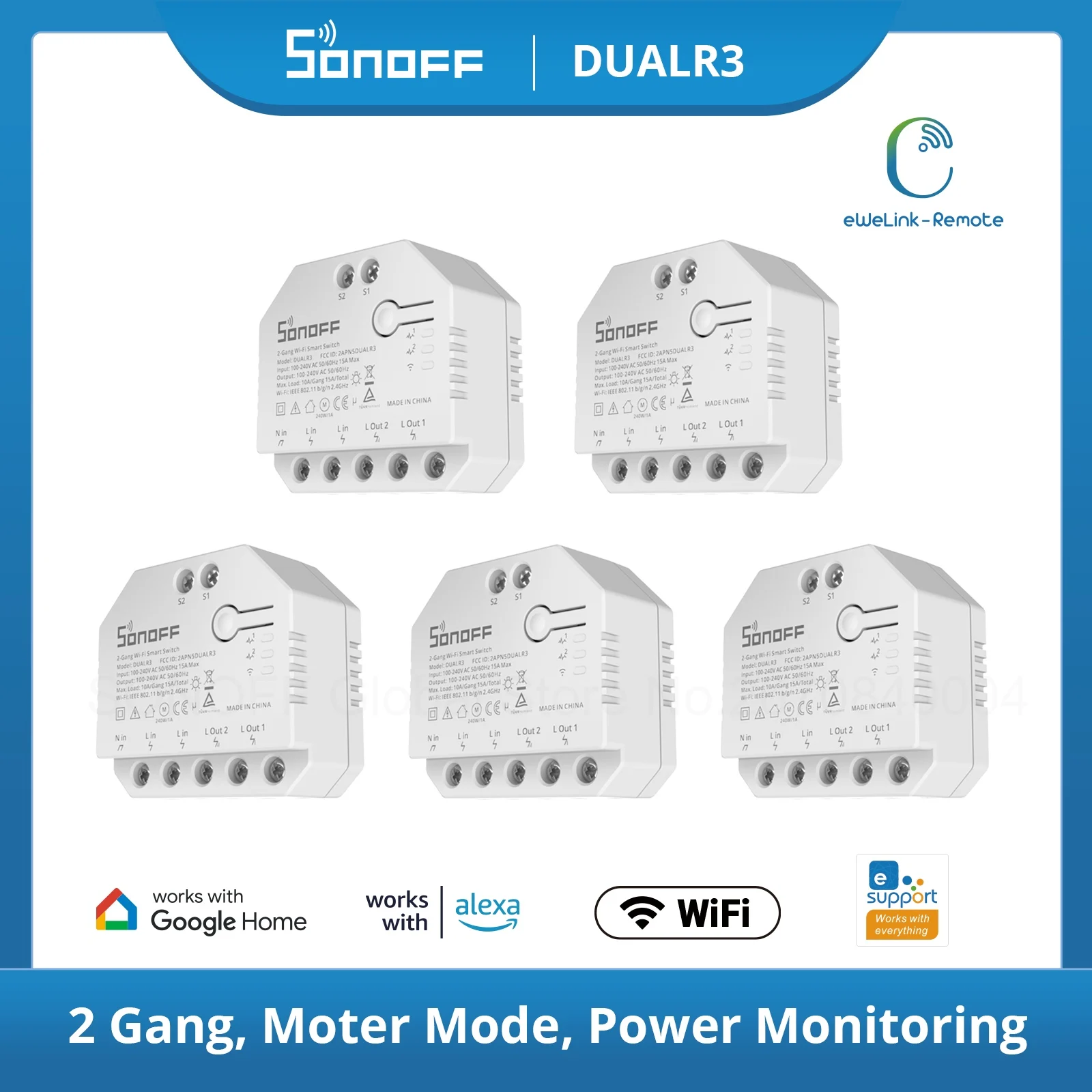 1-20PCS SONOFF DUALR3 2 Gang Dual Relay Module DIY MINI Smart Switch Power Metering Smart Home Control via eWeLink Google Alexa