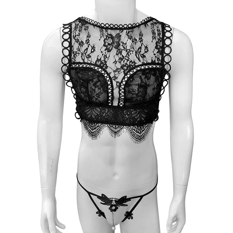Men's Sissy Lingerie Set Sheer Lace Mesh Crop Top Pearl G-string Thong Crossdresser Sleepwear Underwear Black Burgundy