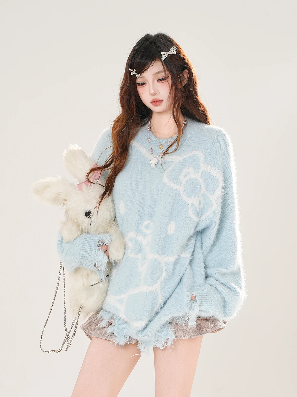 

Свитер женский уютный синий с изображением милой синей белки, свободного кроя, из вельвета, осенне-зимний, теплый, пушистый, с круглым вырезом, с длинными рукавами