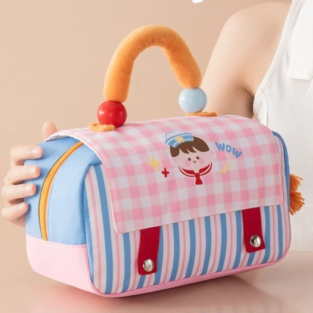 Large Capacity Makeup Organizer Bag Cartoon Pattern Soft Handle Cosmetic Wash Bag Plaid Design Travel Cosmetic Bag Multi Purpose
