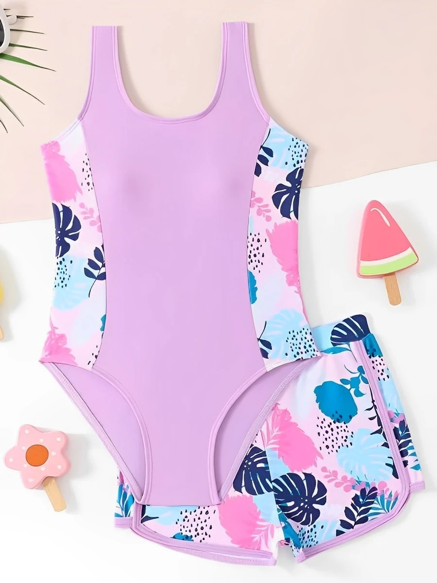 

2026 Girls Swimsuit One Pieces With Shorts Kids Swimwear Female Children's Bathers Bathing Swimming Swim Suit Summer Beachwear