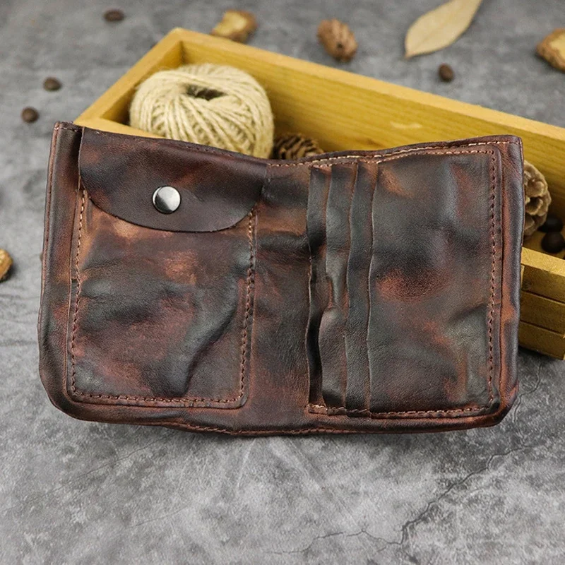 Vintage ręcznie robiony portfel dla mężczyzn Skóra bydlęca Krótkie portfele Bifold Portmonetka z kieszenią na monety Męska torba na pieniądze — zdjęcie 5