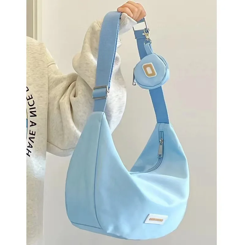 Summer New Women\'s Bag Large Capacity Casual Nylon Crossbody Bag Dumpling Bag High Grade Blue Solid Color Shoulder Bag 2023