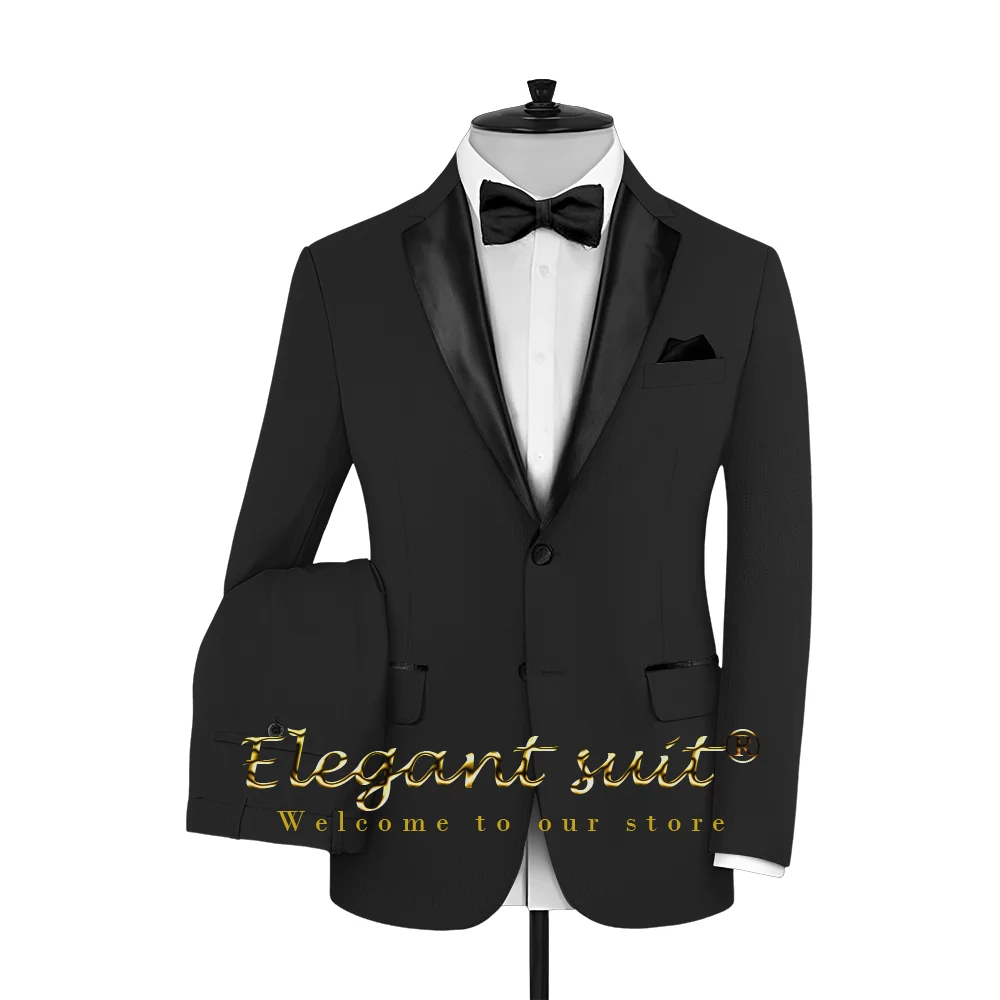 Men's black satin collar suit trousers 2-piece set, customized wedding party cocktail party formal event evening dress